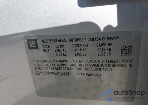 2017 Chevrolet Impala 1Lt из США, поврежденный, VIN 2G1105S33H9196387